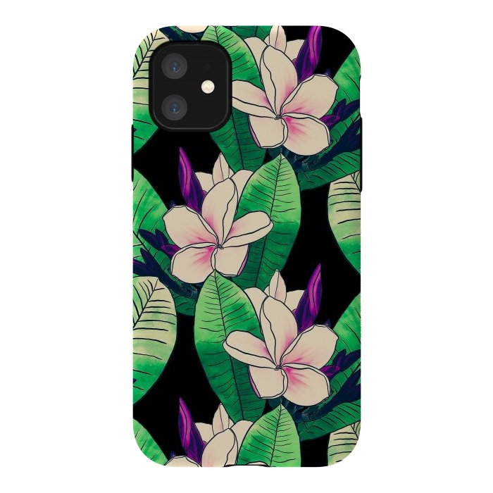 iPhone 11 StrongFit Stylish Plumeria Flower Tropical Green Foliage Design by InovArts