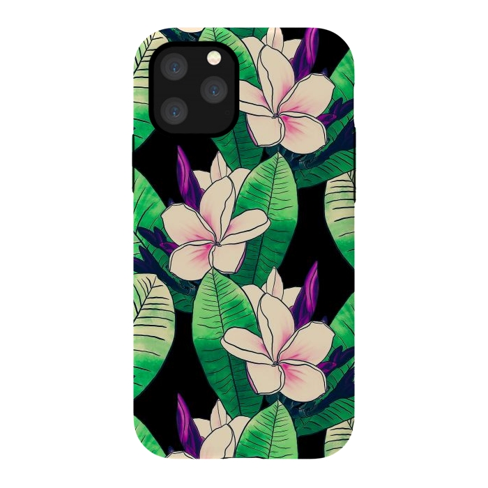 iPhone 11 Pro StrongFit Stylish Plumeria Flower Tropical Green Foliage Design by InovArts