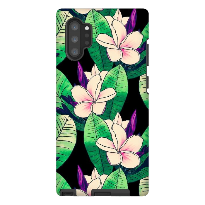 Galaxy Note 10 plus StrongFit Stylish Plumeria Flower Tropical Green Foliage Design by InovArts