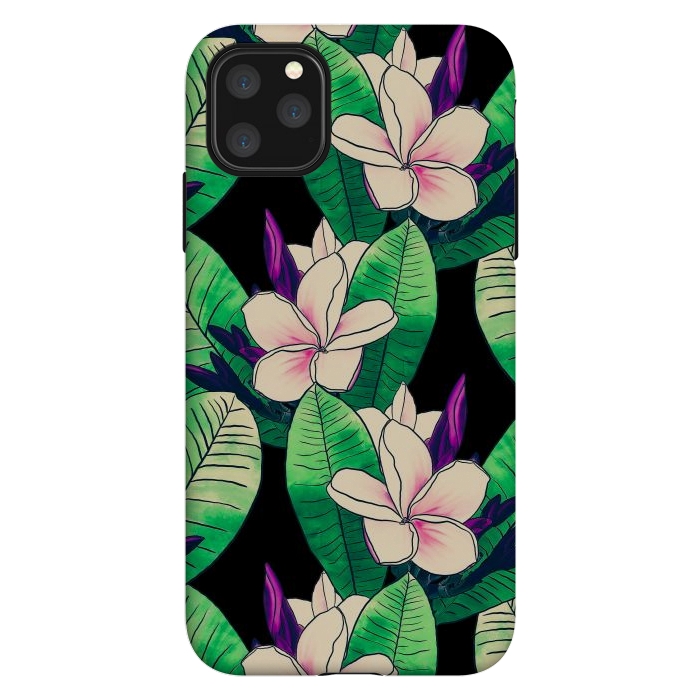 iPhone 11 Pro Max StrongFit Stylish Plumeria Flower Tropical Green Foliage Design by InovArts