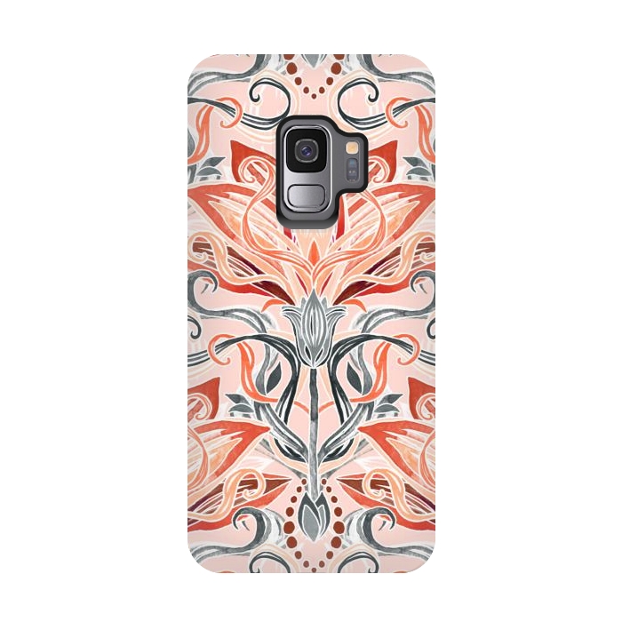 Galaxy S9 StrongFit Coral and Grey Watercolor Art Nouveau Aloe by Micklyn Le Feuvre