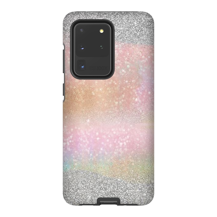 Galaxy S20 Ultra StrongFit Elegant Silver Gold strokes rainbow glow Glitter abstract image by InovArts