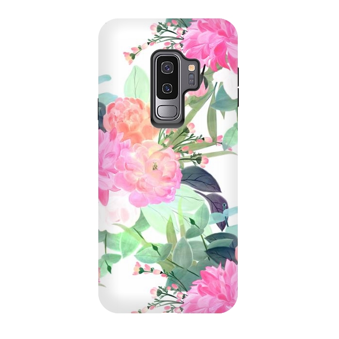 Galaxy S9 plus StrongFit Girly Pink & White Flowers Watercolor Paint by InovArts