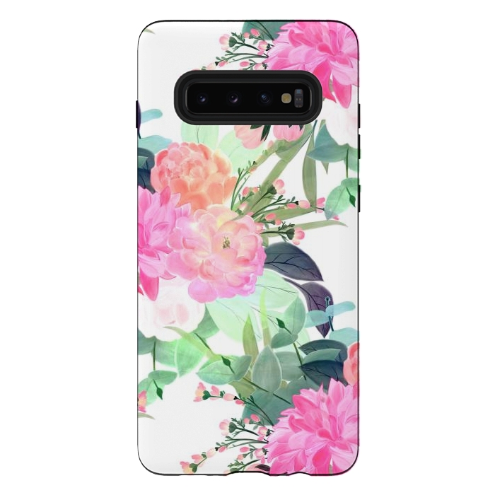Galaxy S10 plus StrongFit Girly Pink & White Flowers Watercolor Paint by InovArts