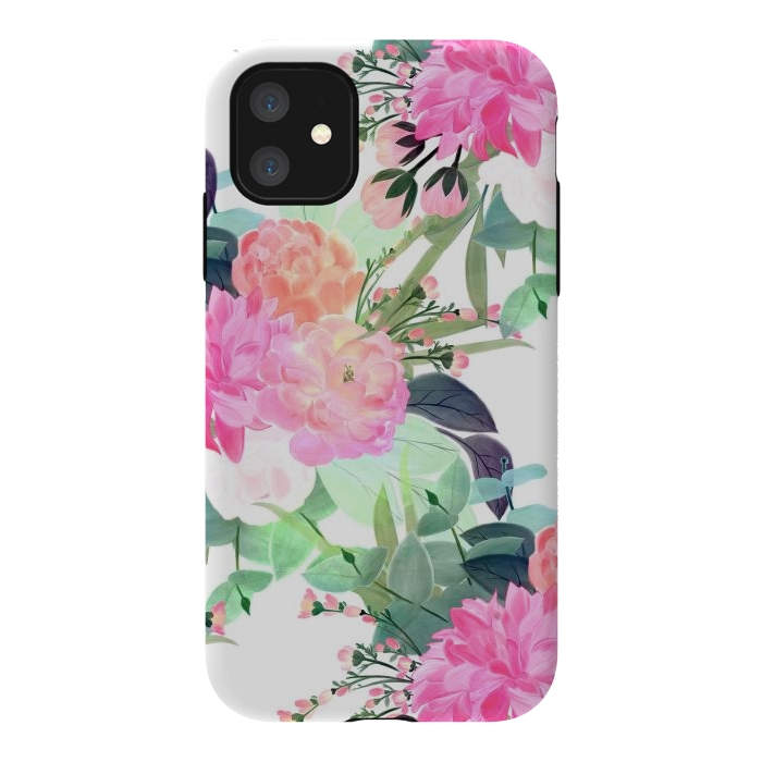 iPhone 11 StrongFit Girly Pink & White Flowers Watercolor Paint by InovArts