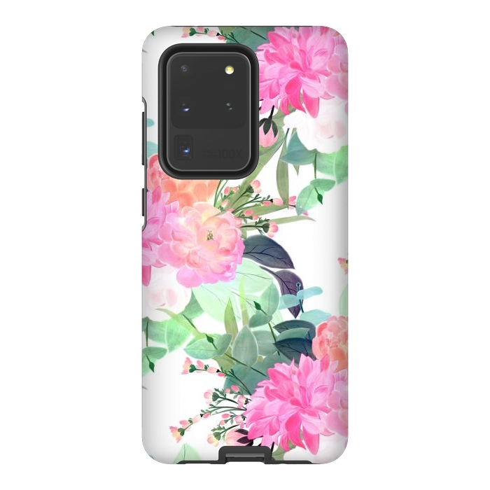 Galaxy S20 Ultra StrongFit Girly Pink & White Flowers Watercolor Paint by InovArts