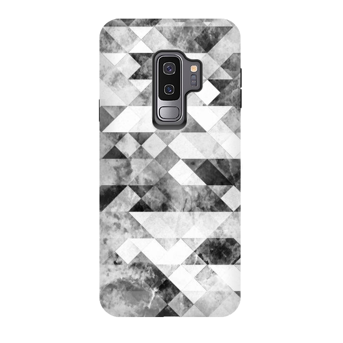 Galaxy S9 plus StrongFit Black and white textured marble triangles by Oana 