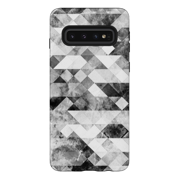 Galaxy S10 StrongFit Black and white textured marble triangles by Oana 