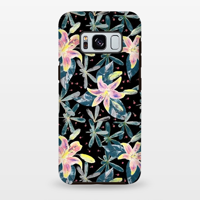 Galaxy S8 plus StrongFit Painted flowers and tropical leaves - dark green by Oana 