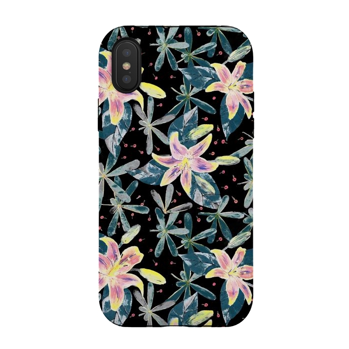 iPhone Xs / X StrongFit Painted flowers and tropical leaves - dark green by Oana 