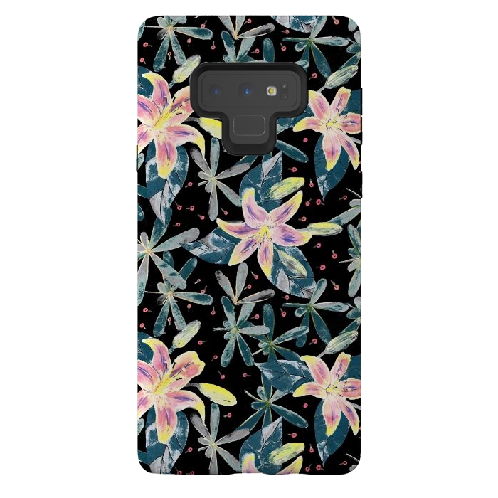 Galaxy Note 9 StrongFit Painted flowers and tropical leaves - dark green by Oana 