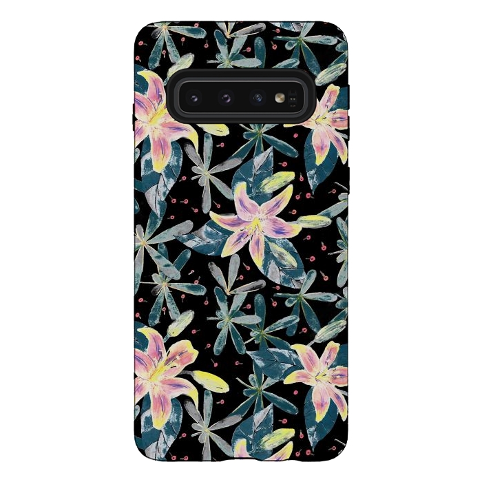 Galaxy S10 StrongFit Painted flowers and tropical leaves - dark green by Oana 