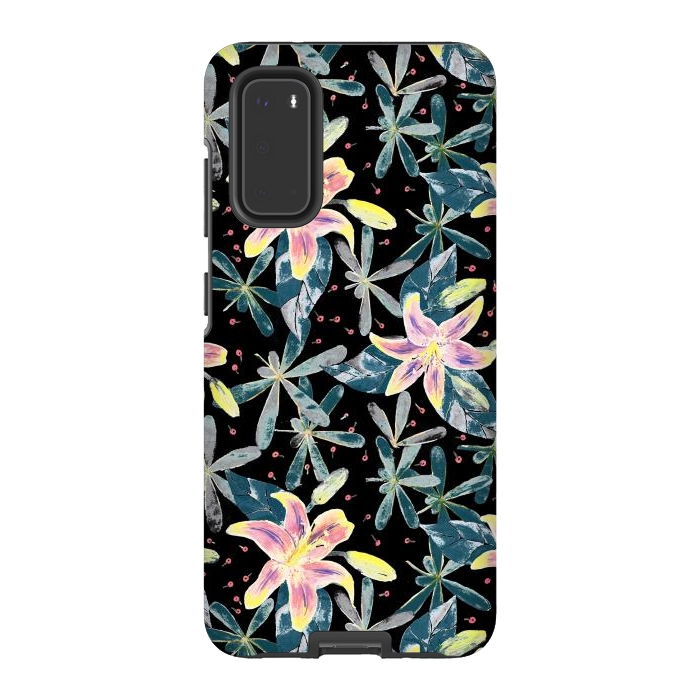Galaxy S20 StrongFit Painted flowers and tropical leaves - dark green by Oana 
