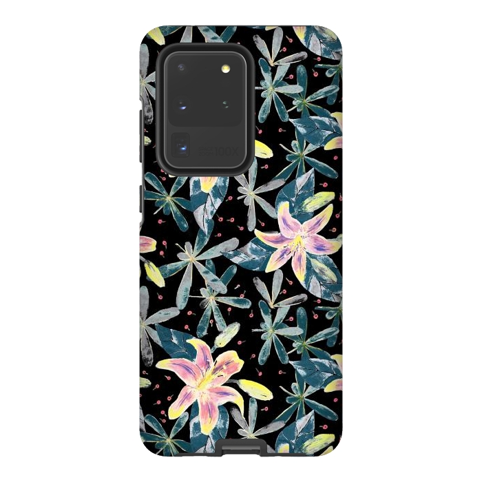 Galaxy S20 Ultra StrongFit Painted flowers and tropical leaves - dark green by Oana 
