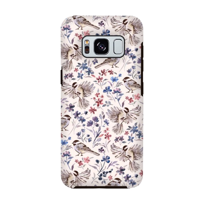 Galaxy S8 StrongFit Chickadees and Wildflowers on Cream by Micklyn Le Feuvre