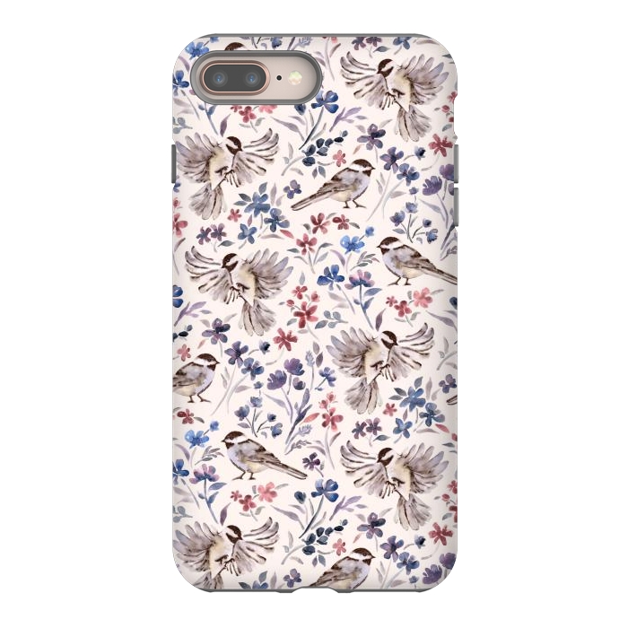 iPhone 8 plus StrongFit Chickadees and Wildflowers on Cream by Micklyn Le Feuvre