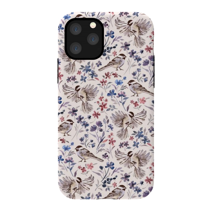 iPhone 11 Pro StrongFit Chickadees and Wildflowers on Cream by Micklyn Le Feuvre