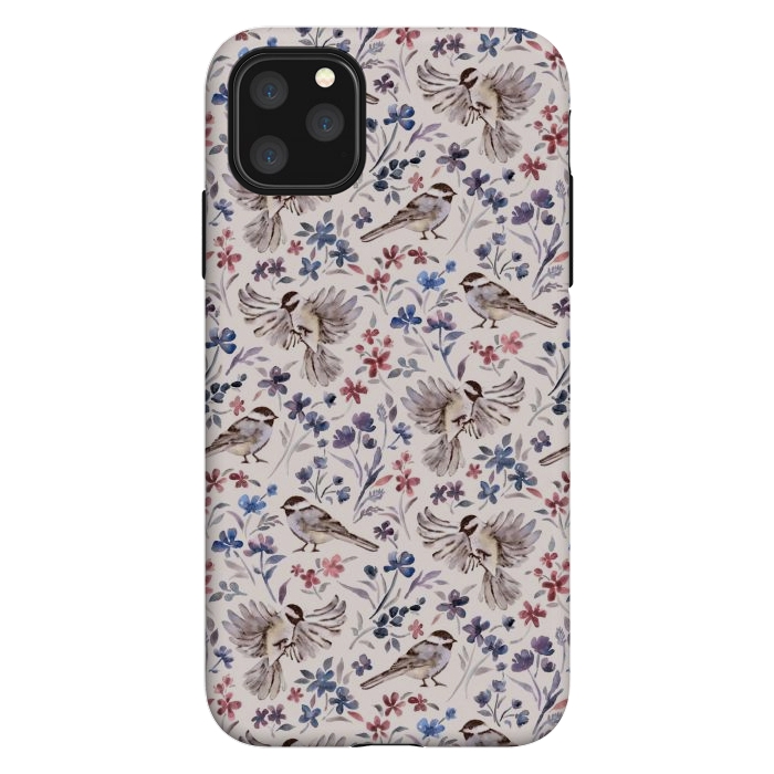 iPhone 11 Pro Max StrongFit Chickadees and Wildflowers on Cream by Micklyn Le Feuvre