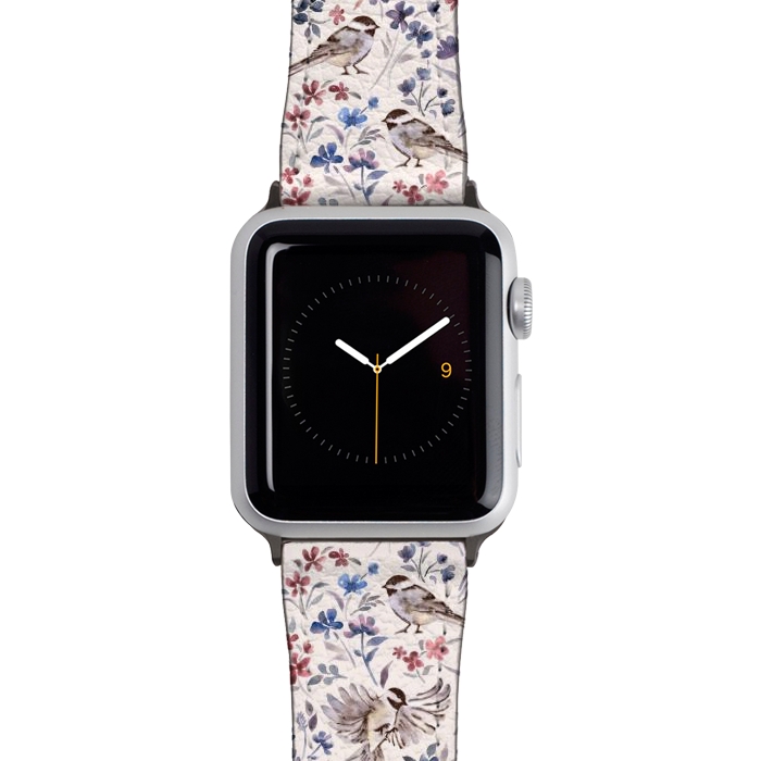 Watch 38mm / 40mm Strap PU leather Chickadees and Wildflowers on Cream by Micklyn Le Feuvre