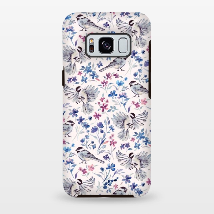 Galaxy S8 plus StrongFit Chickadees and Wildflowers in lavender blues on cream by Micklyn Le Feuvre