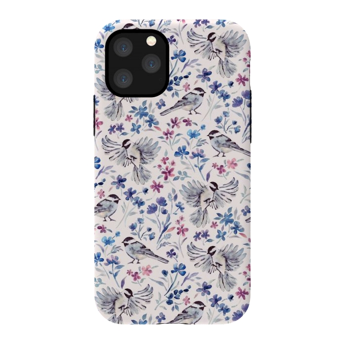 iPhone 11 Pro StrongFit Chickadees and Wildflowers in lavender blues on cream by Micklyn Le Feuvre