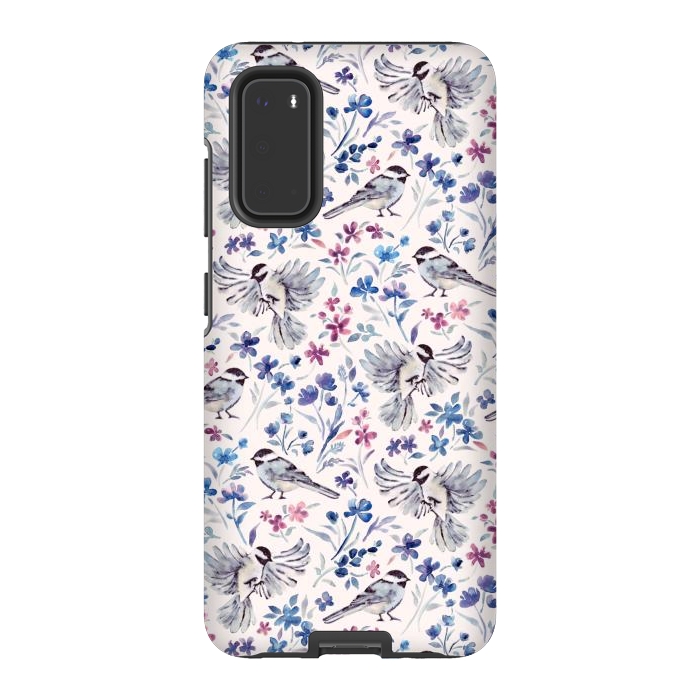 Galaxy S20 StrongFit Chickadees and Wildflowers in lavender blues on cream by Micklyn Le Feuvre