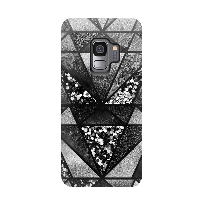 Galaxy S9 StrongFit Black and silver glitter sparkle triangles by Oana 