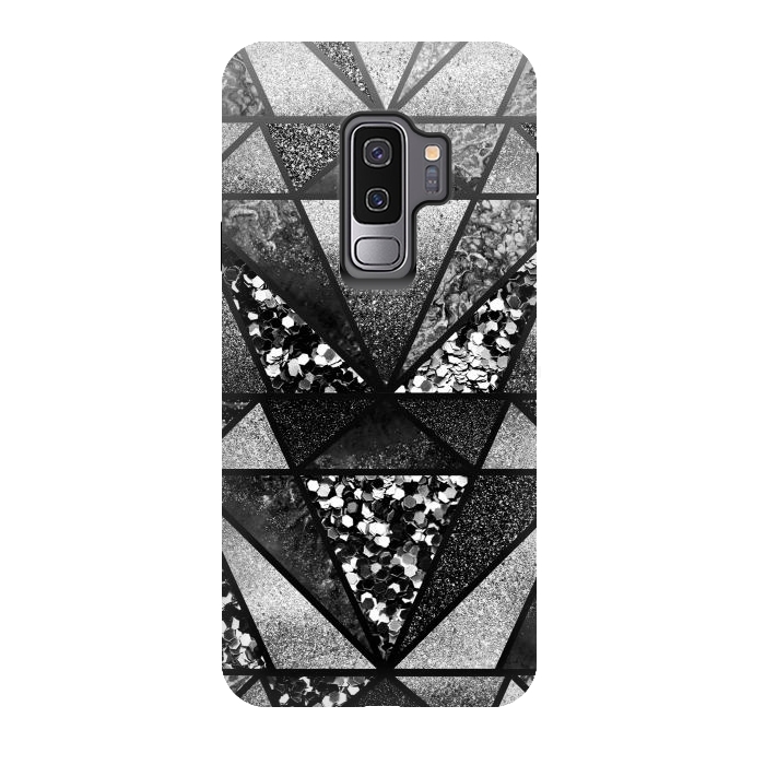 Galaxy S9 plus StrongFit Black and silver glitter sparkle triangles by Oana 