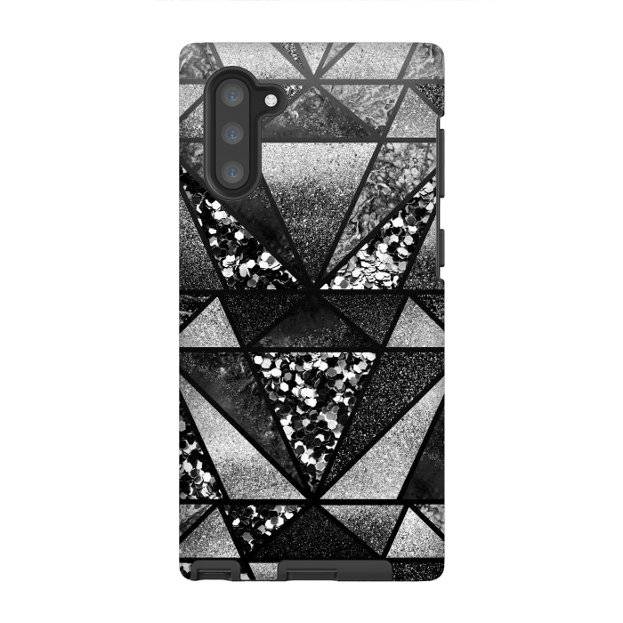 Galaxy Note 10 StrongFit Black and silver glitter sparkle triangles by Oana 