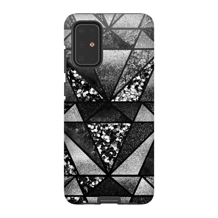 Galaxy S20 Plus StrongFit Black and silver glitter sparkle triangles by Oana 