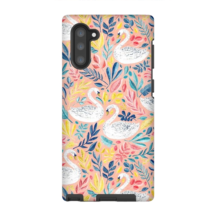 Galaxy Note 10 StrongFit Whimsical White Swans and Colorful Leaves on Pale Peach Pink by Micklyn Le Feuvre
