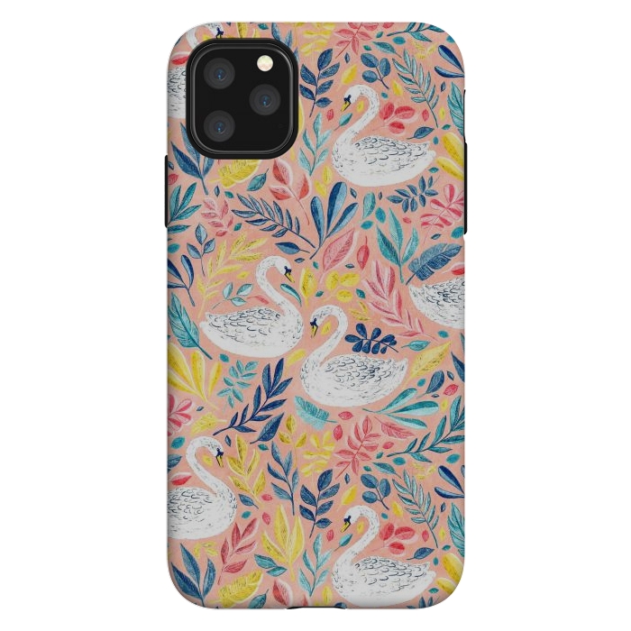 iPhone 11 Pro Max StrongFit Whimsical White Swans and Colorful Leaves on Pale Peach Pink by Micklyn Le Feuvre