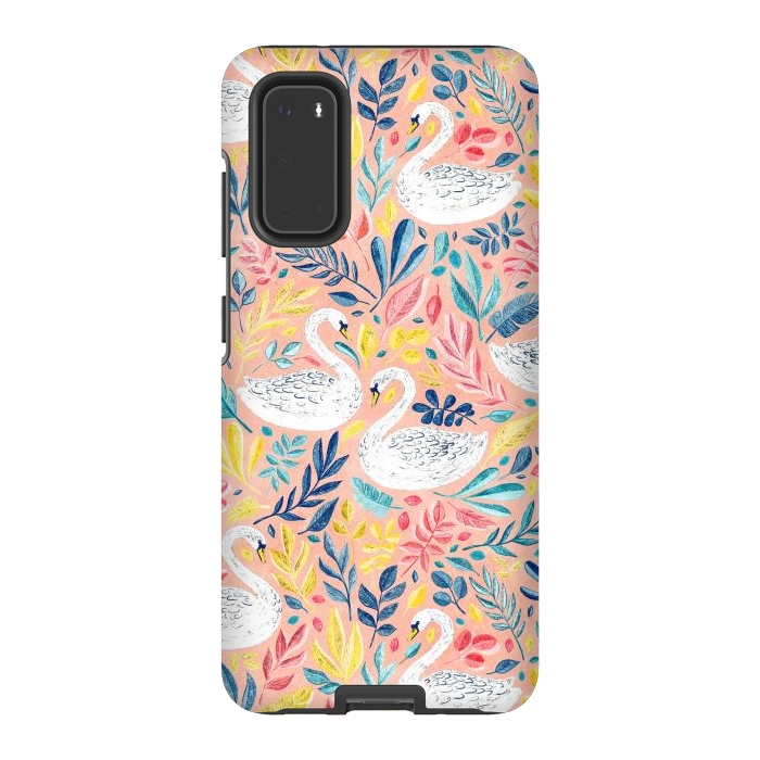 Galaxy S20 StrongFit Whimsical White Swans and Colorful Leaves on Pale Peach Pink by Micklyn Le Feuvre