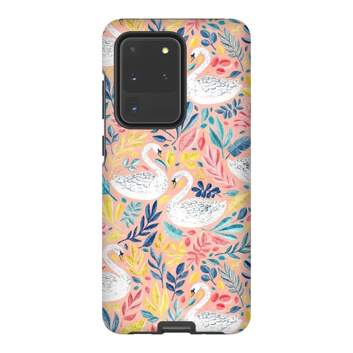 Galaxy S20 Ultra StrongFit Whimsical White Swans and Colorful Leaves on Pale Peach Pink by Micklyn Le Feuvre