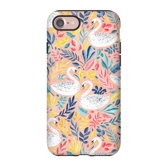 iPhone 7 StrongFit Whimsical White Swans and Colorful Leaves on Pale Peach Pink by Micklyn Le Feuvre