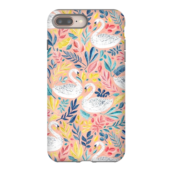 iPhone 7 plus StrongFit Whimsical White Swans and Colorful Leaves on Pale Peach Pink by Micklyn Le Feuvre