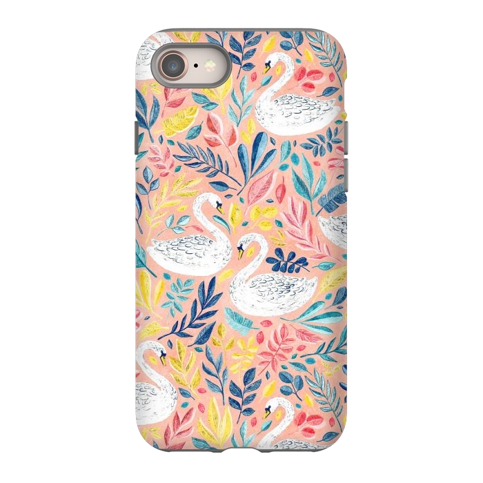 iPhone 8 StrongFit Whimsical White Swans and Colorful Leaves on Pale Peach Pink by Micklyn Le Feuvre