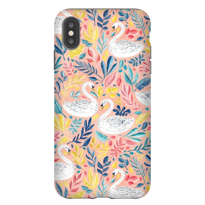 iPhone Xs Max StrongFit Whimsical White Swans and Colorful Leaves on Pale Peach Pink by Micklyn Le Feuvre
