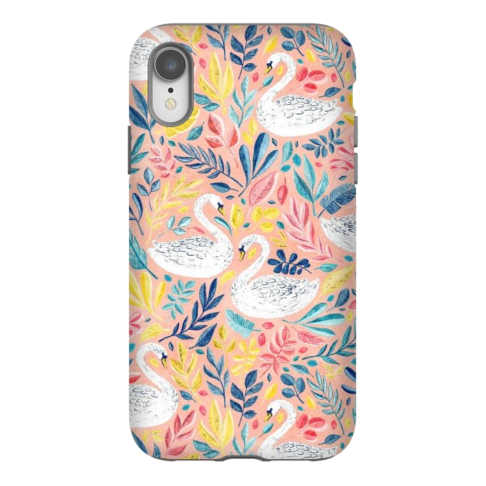 iPhone Xr StrongFit Whimsical White Swans and Colorful Leaves on Pale Peach Pink by Micklyn Le Feuvre