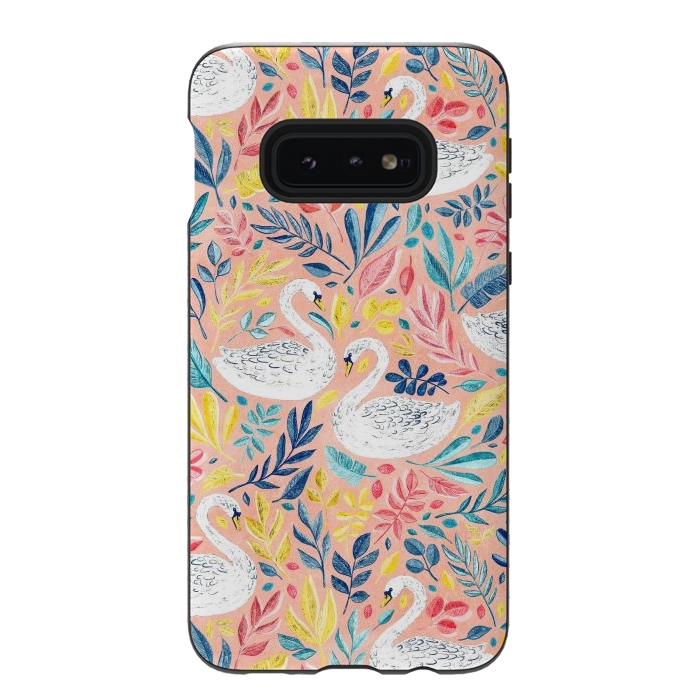 Galaxy S10e StrongFit Whimsical White Swans and Colorful Leaves on Pale Peach Pink by Micklyn Le Feuvre