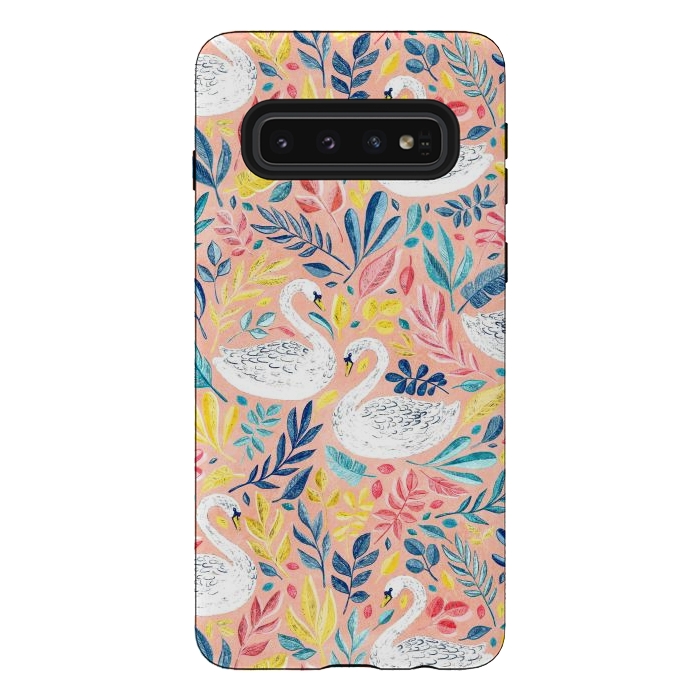 Galaxy S10 StrongFit Whimsical White Swans and Colorful Leaves on Pale Peach Pink by Micklyn Le Feuvre