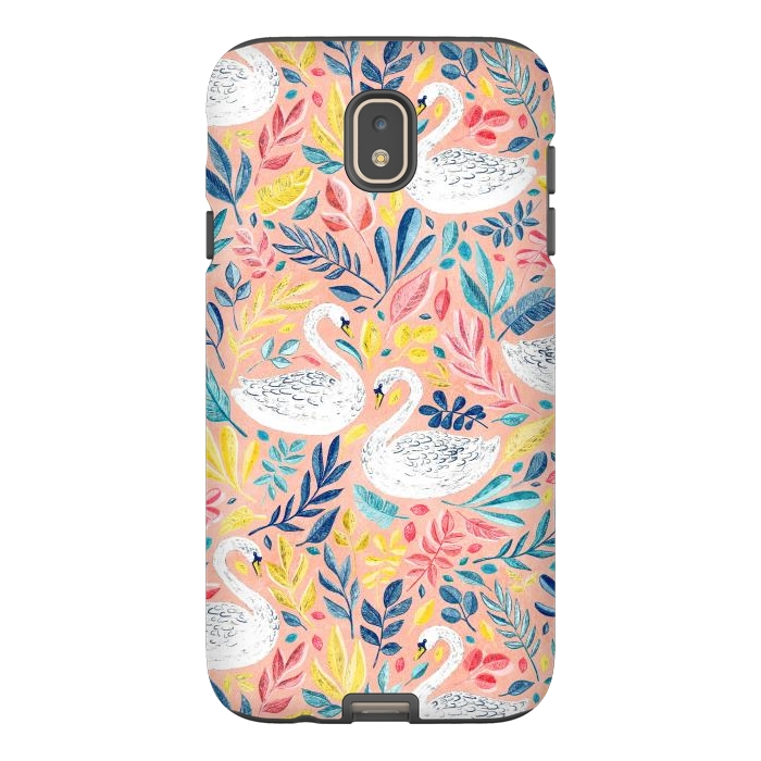 Galaxy J7 StrongFit Whimsical White Swans and Colorful Leaves on Pale Peach Pink by Micklyn Le Feuvre