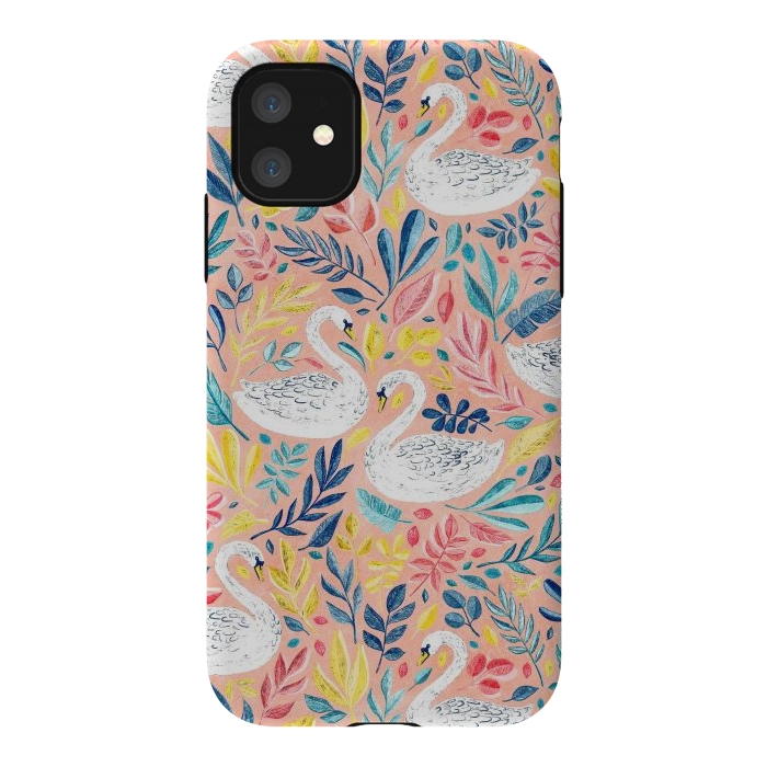 iPhone 11 StrongFit Whimsical White Swans and Colorful Leaves on Pale Peach Pink by Micklyn Le Feuvre