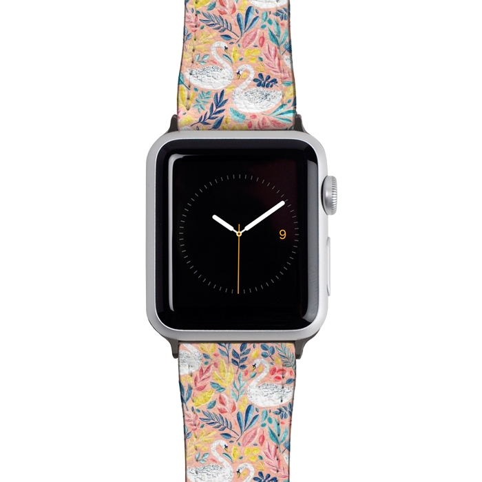 Watch 38mm / 40mm Strap PU leather Whimsical White Swans and Colorful Leaves on Pale Peach Pink by Micklyn Le Feuvre