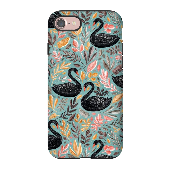 iPhone 7 StrongFit Bonny Black Swans with Autumn Leaves on Sage by Micklyn Le Feuvre