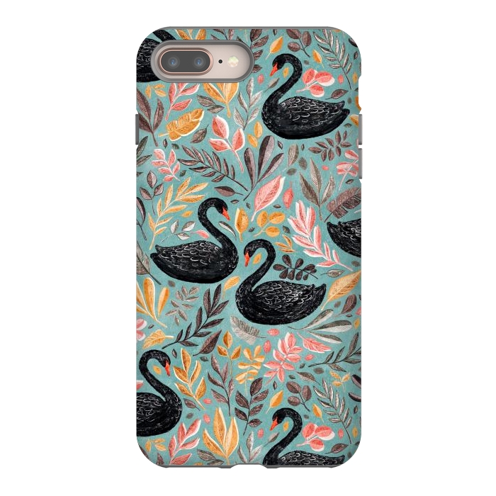 iPhone 7 plus StrongFit Bonny Black Swans with Autumn Leaves on Sage by Micklyn Le Feuvre