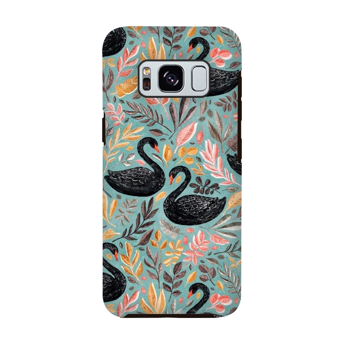 Galaxy S8 StrongFit Bonny Black Swans with Autumn Leaves on Sage by Micklyn Le Feuvre