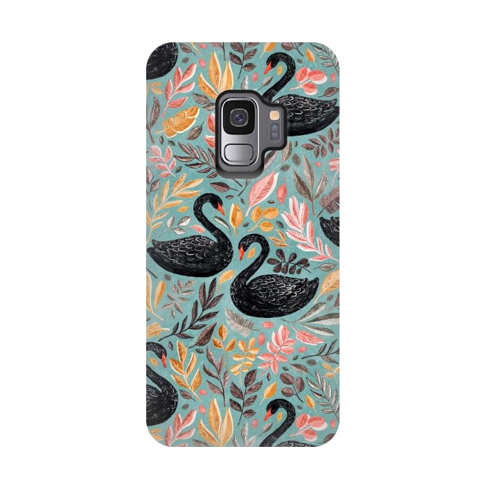 Galaxy S9 StrongFit Bonny Black Swans with Autumn Leaves on Sage by Micklyn Le Feuvre