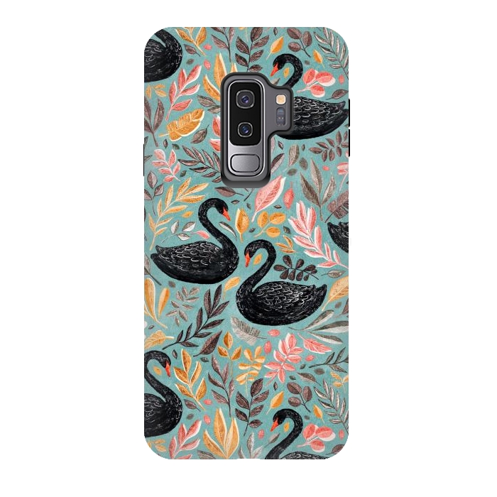 Galaxy S9 plus StrongFit Bonny Black Swans with Autumn Leaves on Sage by Micklyn Le Feuvre