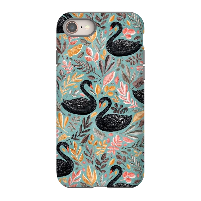 iPhone 8 StrongFit Bonny Black Swans with Autumn Leaves on Sage by Micklyn Le Feuvre
